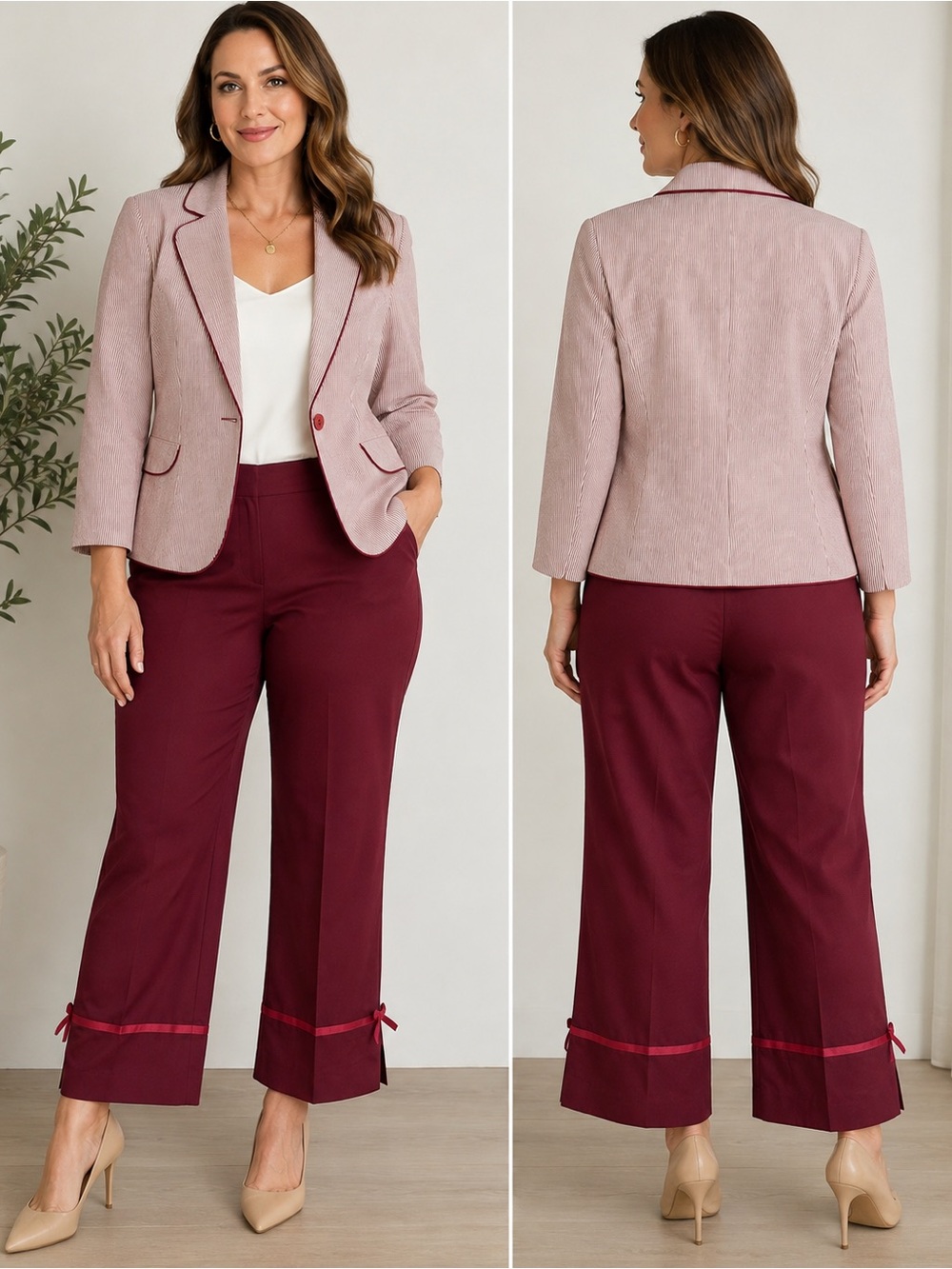 Bandolino 2-Pc Suit Set | Blazer 12 | Pants 14 | Pinstripe & Burgundy